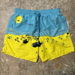 Vilebrequin Shorts Mens XL Blue Yellow Mesh Lined Trunks Beach Graphic Ocean